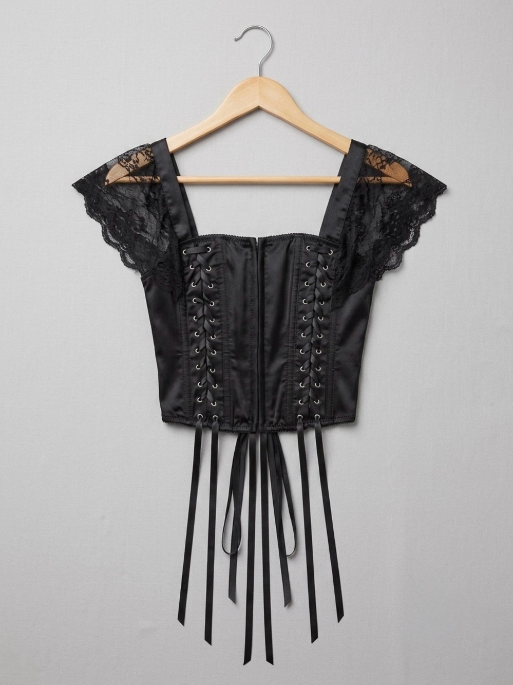 Elegant Moments Black Satin Lace-Up Corset Crop Top